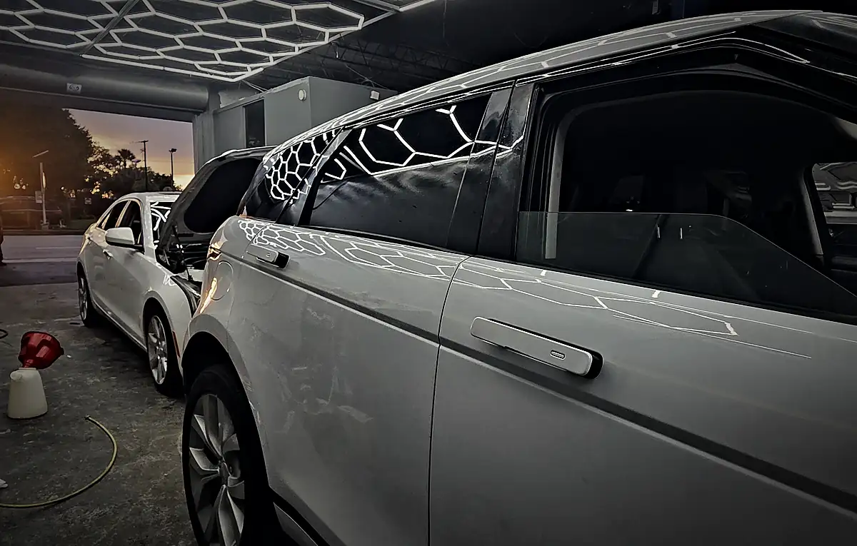 White Range Rover Evoque in a Prestige service bay