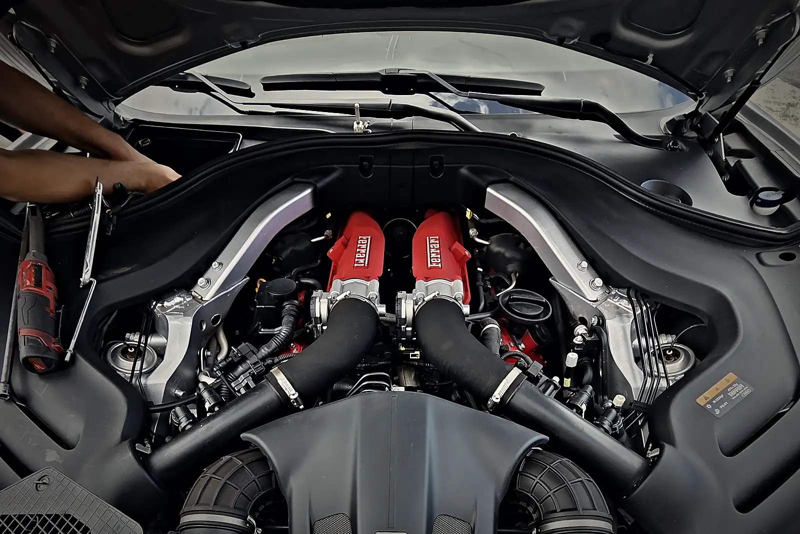 Ferrari Portofino twin-turbo V8 in the Prestige service bay